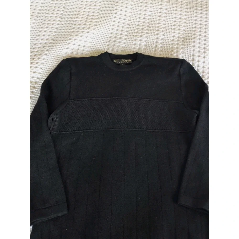 St John Basics Santana Knit Sweater Small Black Ribbed Pullover Side Slit 3/4‎